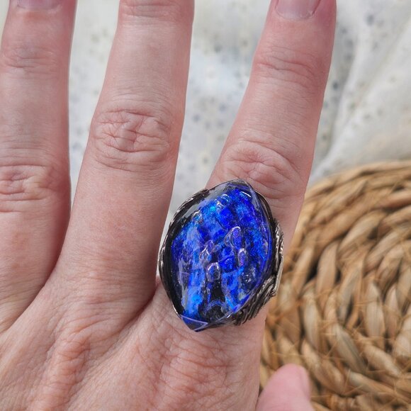 Vintage Cobalt Blue Heay Blown Glass Wire Wrapped Handmade Ring - Picture 2 of 10